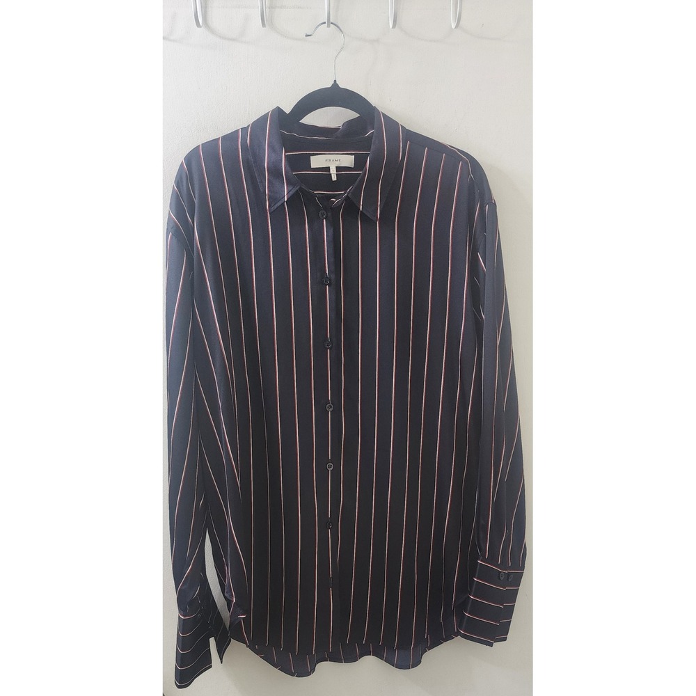FRAME Navy Red White Striped Silk Blend Button Down Shirt XL WF24WSH009